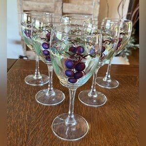 Set of 6 Artisan Hand Painted Grapes Vine  Artist Signed Wine Glasses